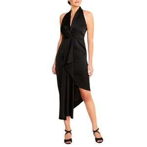 ALEX MARIE Black Draped Satin Halter Neck Asymmetrical Hem Midi Dress Size 2 New
